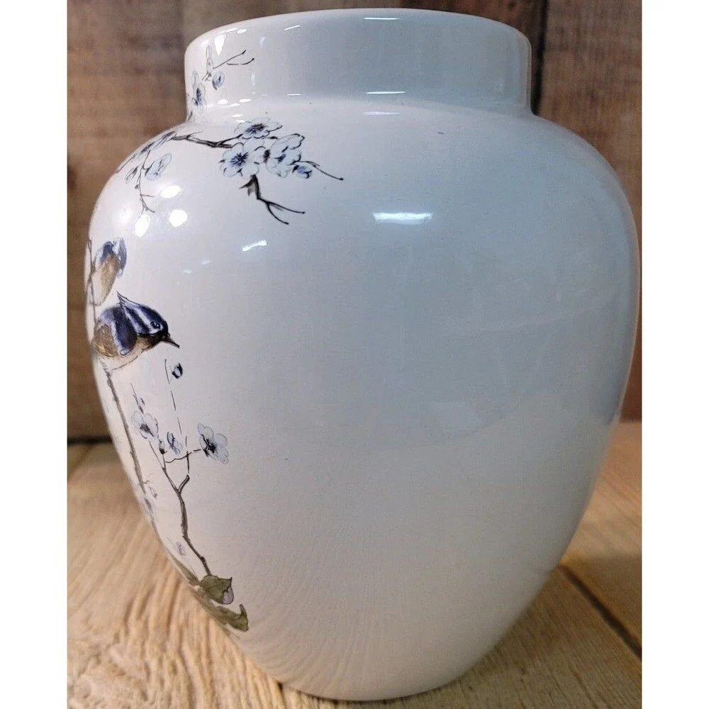 7-3/4 Tall Vase- With Blue Jay Pair sitting on a branch.